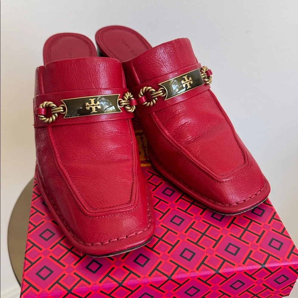Tory Burch Leather Mules Size US 7.5 Tory Burch Red Leather Slip-On Shoes